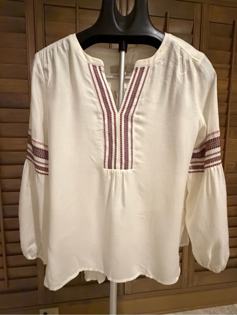LOFT Cream Peasant Blouse with Red and Black Embroidery